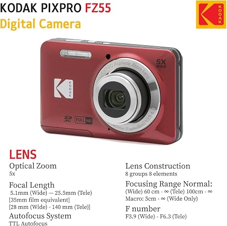 KODAK PIXPRO FZ55 16MP Digital Point & Shoot Camera, 5X Optical Zoom, 28mm Wide Angle, 1080P Full HD Video, Bundle with 32GB SD Card, Protective Case, and Hi-Speed Card Reader (Red)