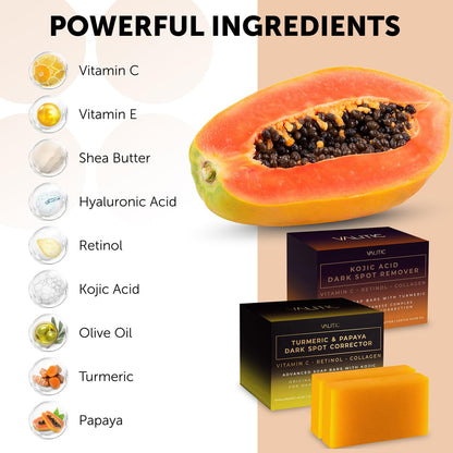 VALITIC Papaya and Turmeric Kojic Acid Soap Bar for Dark Spots, 4 Pack