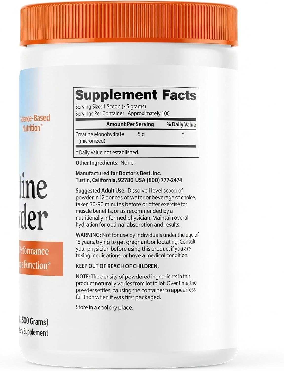 Doctor's Best Creatine Monohydrate Powder, for Women & Men, Vegan, 17.85 oz