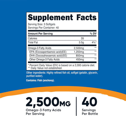 Nutricost Omega 3 Fish Oil - 2500MG, 120 Softgels (40 Serv) - Fish Oil, Wild Caught! 1200mg EPA 850mg DHA - Non-GMO, Gluten Free (Pack of 2)