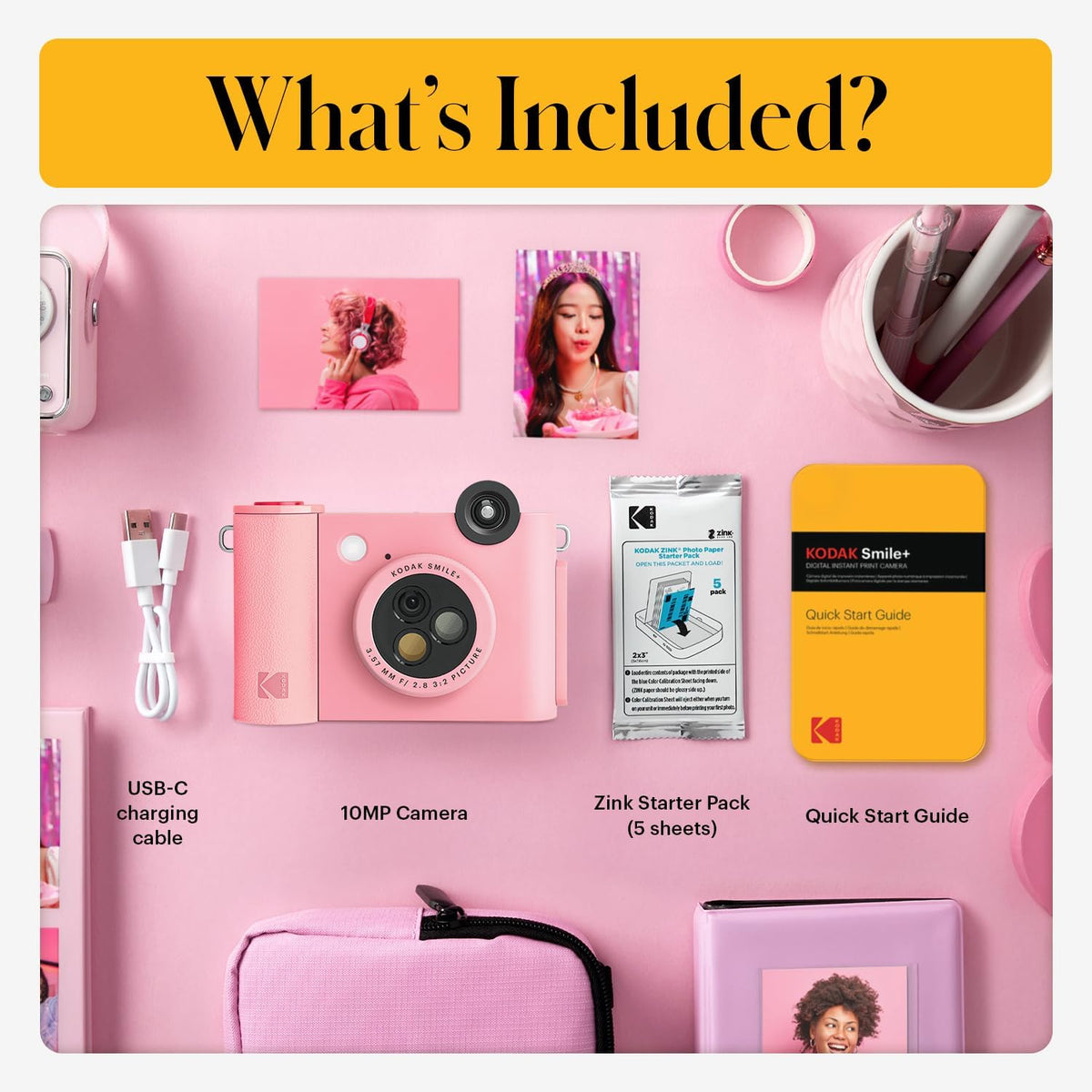 Kodak Smile+ 2-in-1 Digital Instant Print Camera & Wireless Bluetooth Printer - 10MP, Special-Effect Rotating Lens, Zink 2x3 Sticky-Back Photos Print via Fun App from Smart Devices - Pink
