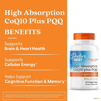 Doctor's Best High Absorption CoQ10 with PQQ Supplement, 60 Veg Capsules