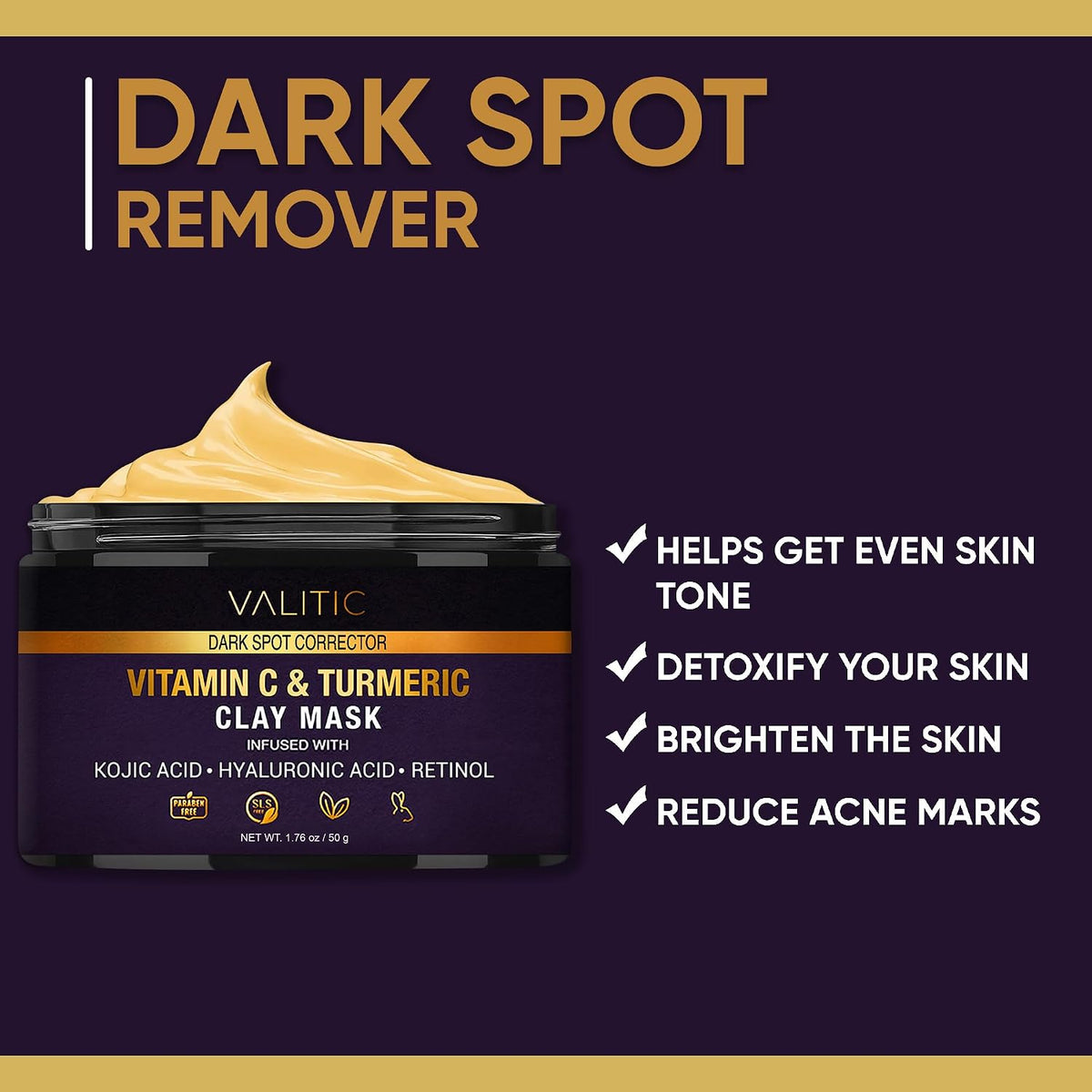 VALITIC Turmeric Vitamin C Clay Mask, Face Dark Spot Remover 50g 1.76oz