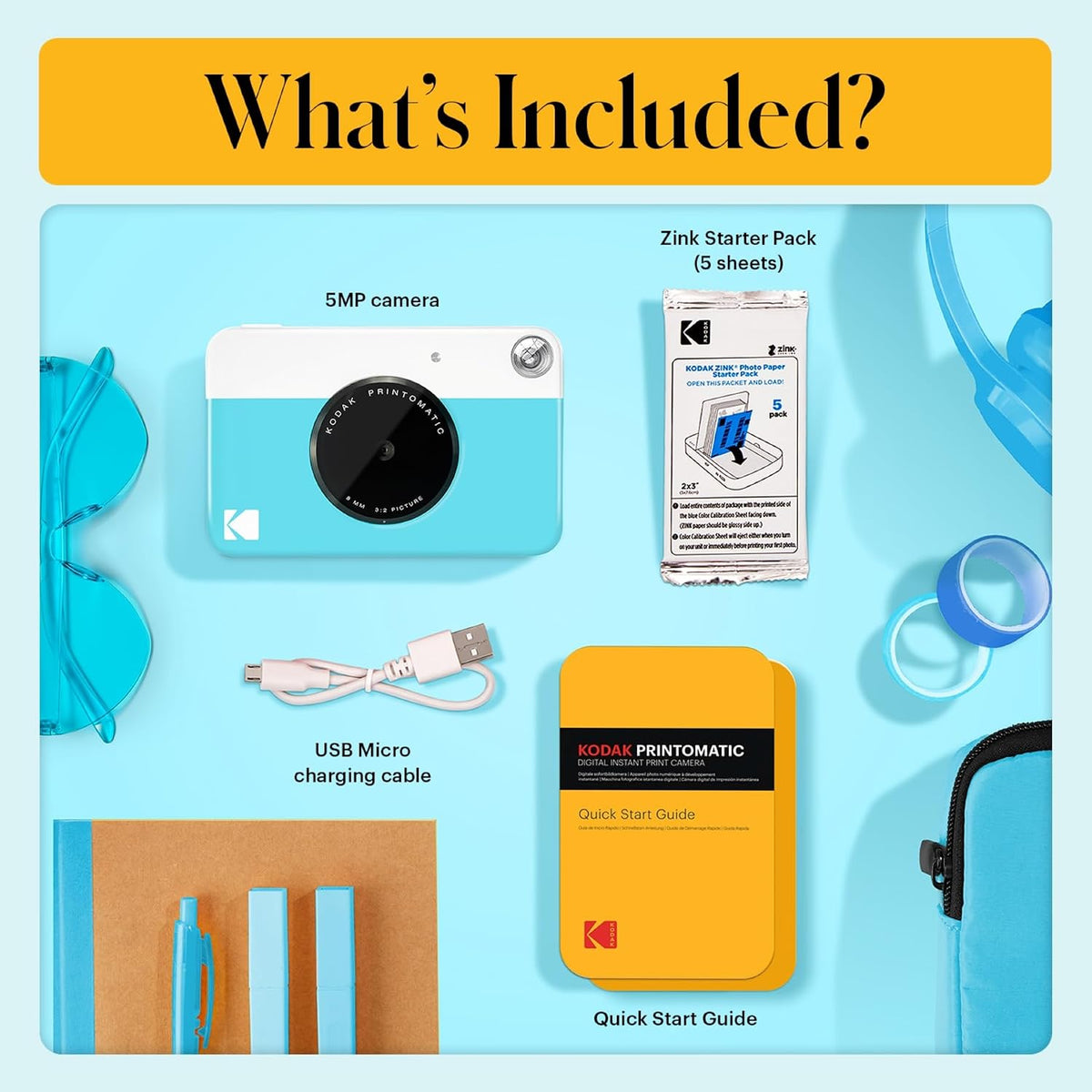 KODAK Printomatic Full-Color Instant Print Digital Camera, Zink 2x3" (5.1x7.5 cm) Sticky-Back Photo Paper, 5MP, Portable, Creative Fun Gift for Birthday, Christmas, Holiday, Blue