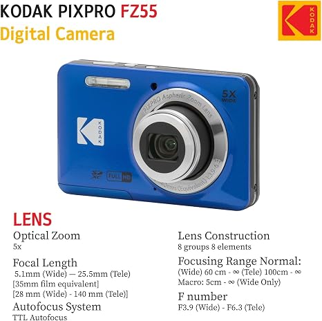 KODAK PIXPRO FZ55 16MP Digital Point & Shoot Camera, 5X Optical Zoom, 28mm Wide Angle, 1080P Full HD Video, Bundle with 32GB SD Card, Protective Case, and Hi-Speed Card Reader (Blue)