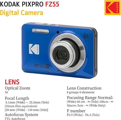 KODAK PIXPRO FZ55 16MP Digital Point & Shoot Camera, 5X Optical Zoom, 28mm Wide Angle, 1080P Full HD Video, Bundle with 32GB SD Card, Protective Case, and Hi-Speed Card Reader (Blue)