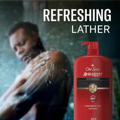 Old Spice Body Wash for Men, 24/7 Shower Fresh with Long Lasting Scent, Refreshing 3X Defense, Red Collection, Swagger with Cedarwood Scent, 33.4 oz (Pack of 4)