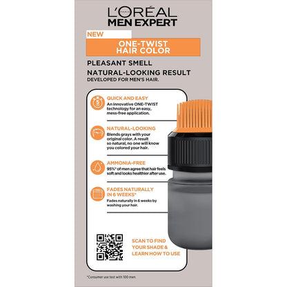 L’Oreal Paris Men Expert One Twist Mess Free Permanent Hair Color, Mens Hair Dye to Cover Grays, Easy Mix Ammonia Free Application, Dark Brown 03, 1 Application Kit