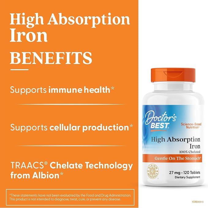 Doctor's Best Chelated Iron Supplement with Ferrochel, 27 mg, 120 Tablets