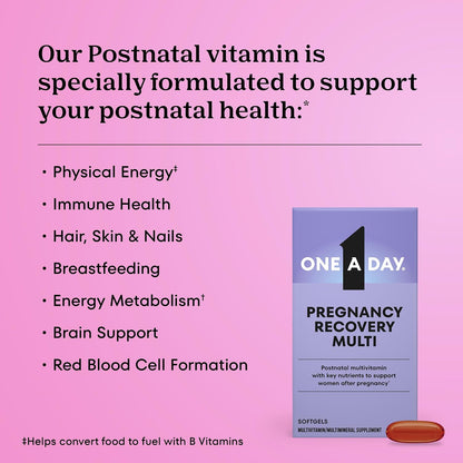 One A Day Postnatal Vitamins for Women, Postnatal Multivitamin with Folic Acid, Omega-3 DHA, B Vitamins, Support Immune Health, Breastfeeding, Post Partum Essential Nutrients for Women, 60 Ct