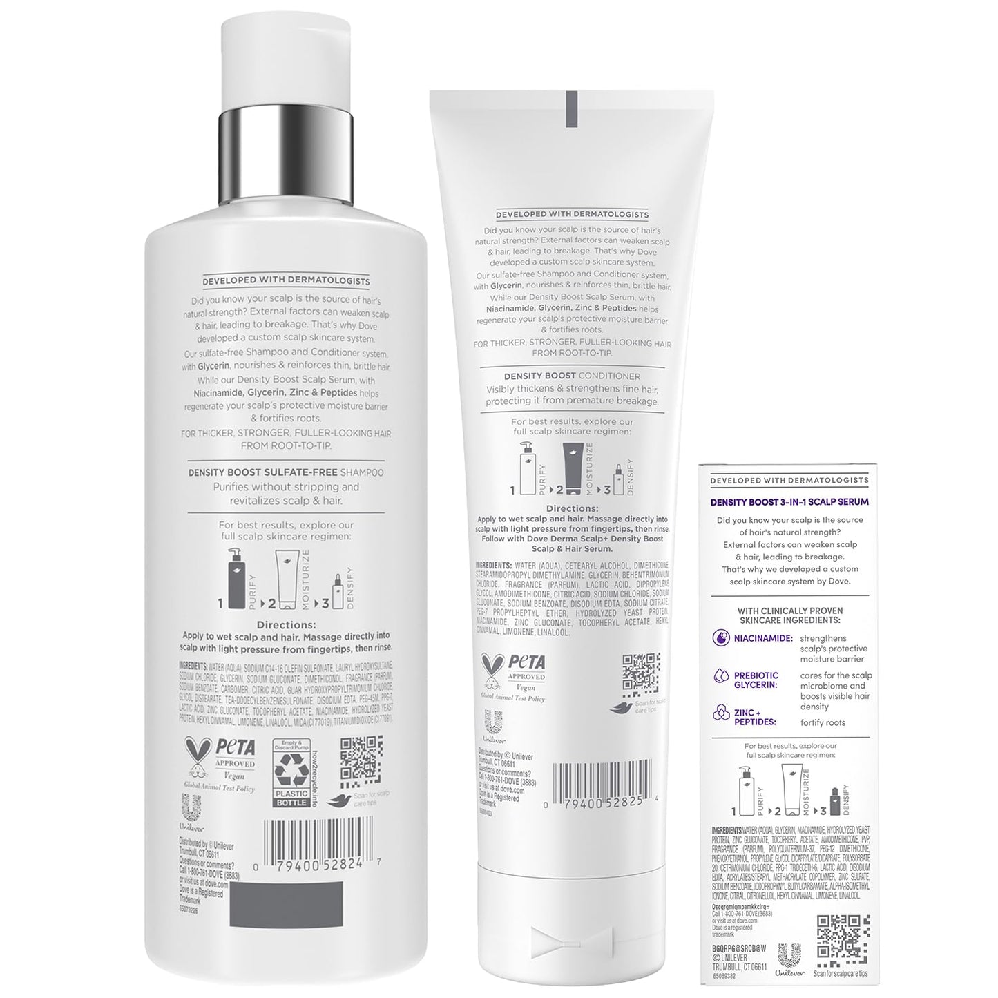 Dove Derma Scalp Thickening Shampoo, Conditioner + Fullness Restore Scalp Serum – Density Boost with Niacinamide, Glycerin, Zinc & Peptides