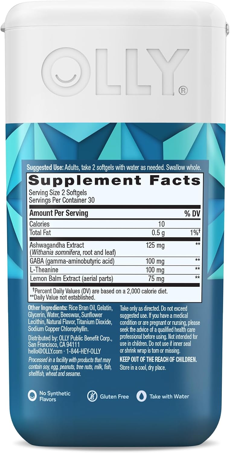 OLLY Ultra Strength Goodbye Stress Softgels, GABA, Ashwagandha, L-Theanine and Lemon Balm, Stress Relief Supplement - 60 Count (Pack of 2)