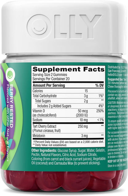 OLLY Muscle Recovery Sleep Gummies, Sleep and Sore Muscle Support, 3mg Melatonin, Tart Cherry, Vitamin D, Berry Flavor - 40 Count (Pack of 2)