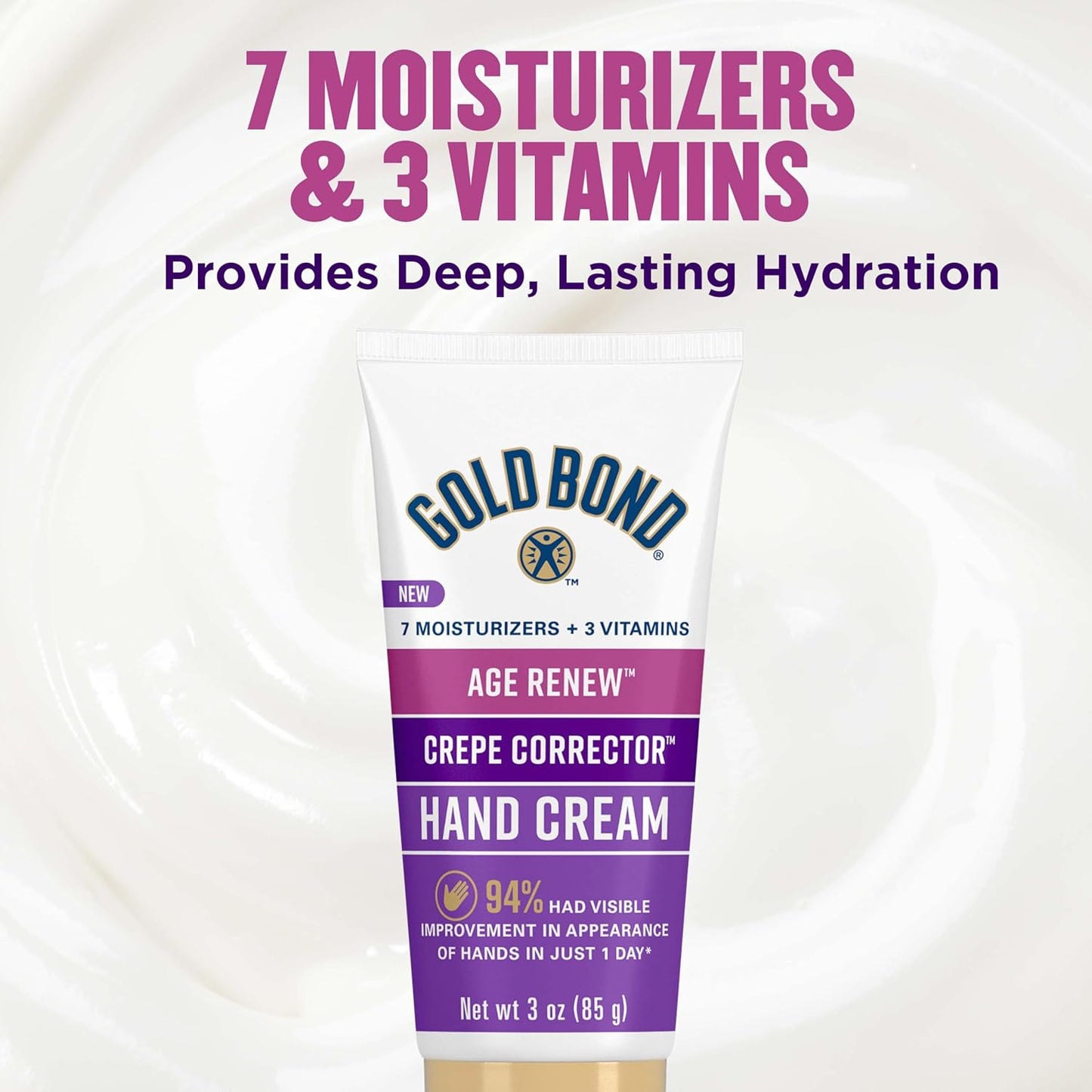 Gold Bond Age Renew Crepe Corrector Hand Cream, Crepey Skin Cream, 3 oz | Mini lotion for softer hands, unscented hand cream with 24-hour hydration, fast absorbing travel size hand lotion