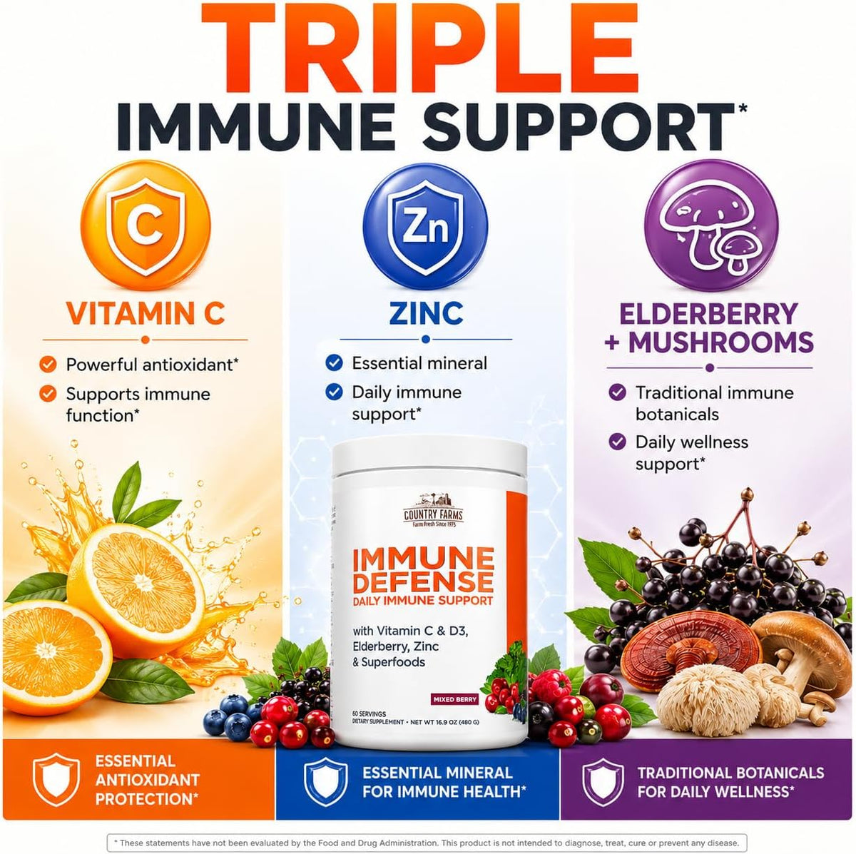 Country Farms Immune Defense Superfoods, Immune Support Supplement, Vitamin C with Black Elderberry, Echinacea, Turmeric, Supports Hydration, with Probiotics and Prebiotics, Berry Flavor, 60 Servings