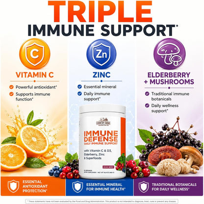Country Farms Immune Defense Superfoods, Immune Support Supplement, Vitamin C with Black Elderberry, Echinacea, Turmeric, Supports Hydration, with Probiotics and Prebiotics, Berry Flavor, 60 Servings
