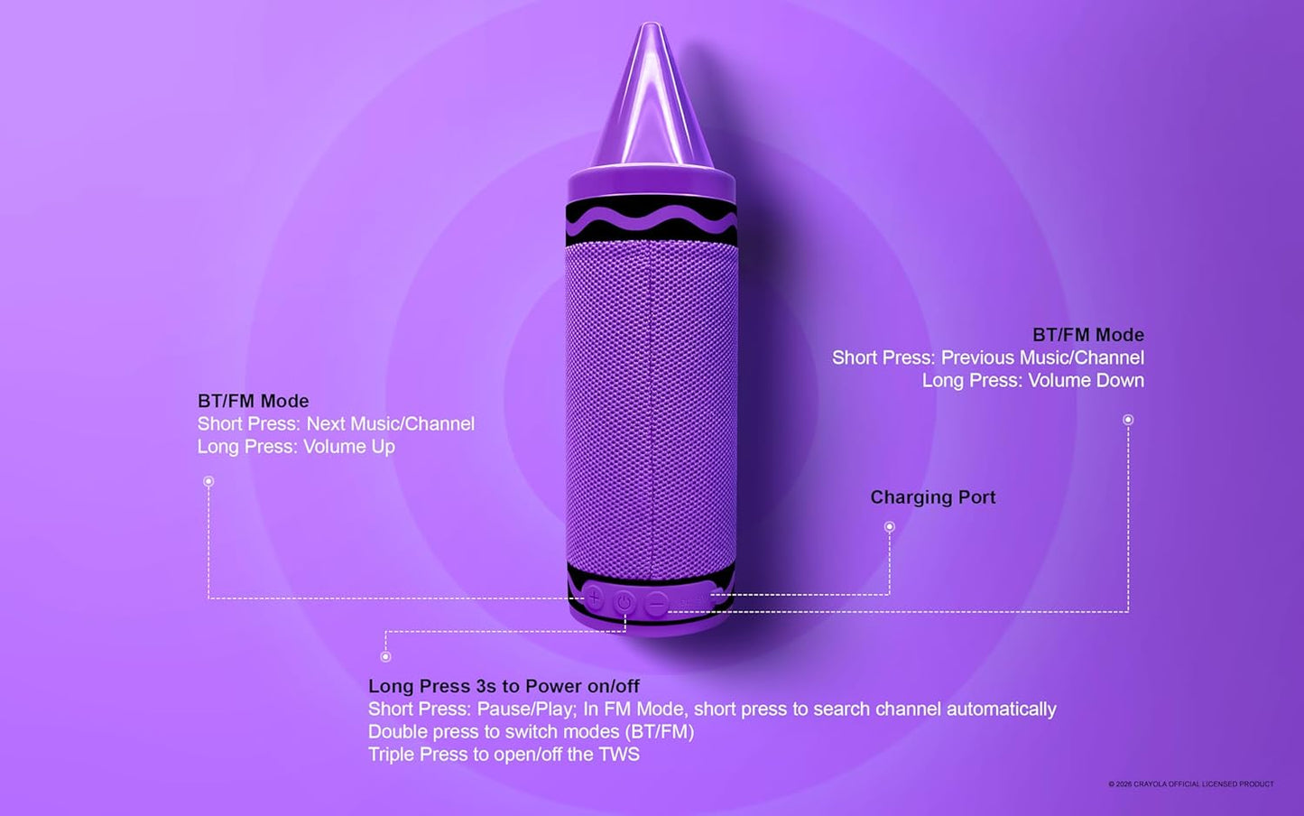 Crayola Kids Crayon Speakers Bluetooth, Portable Bluetooth Speakers | 20W Peak Power HD Sound, Mini Bluetooth Speaker Wireless with TWS Pairing BT 5.3, FM Radio Home/Party/Outdoor/Travel