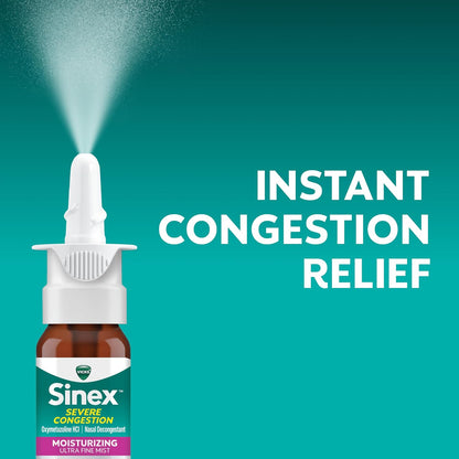 Vicks Sinex Severe Nasal Spray, Moisturizing Ultra Fine Mist with Aloe, Decongestant Medicine, Relief from Stuffy Nose Due to Cold or Allergy, Nasal Congestion & Sinus Pressure Relief, 265 Sprays x 2