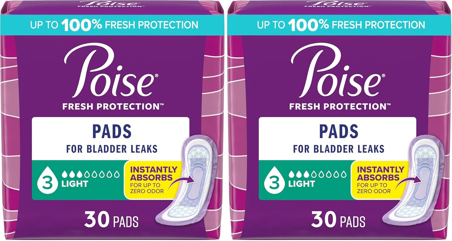 Poise Incontinence Pads & Postpartum Incontinence Pads, 3 Drop Light Absorbency, Regular Length, Packaging May Vary, 120 Count (Pack of 2)