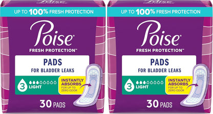 Poise Incontinence Pads & Postpartum Incontinence Pads, 3 Drop Light Absorbency, Regular Length, Packaging May Vary, 120 Count (Pack of 2)