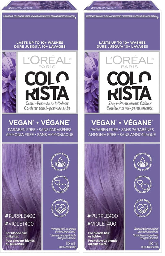 L'Oreal Paris Colorista Semi Permanent Hair Color for Bleached or Blonde Hair, Color Depositing Hair Mask Formula, Purple (Pack of 2)