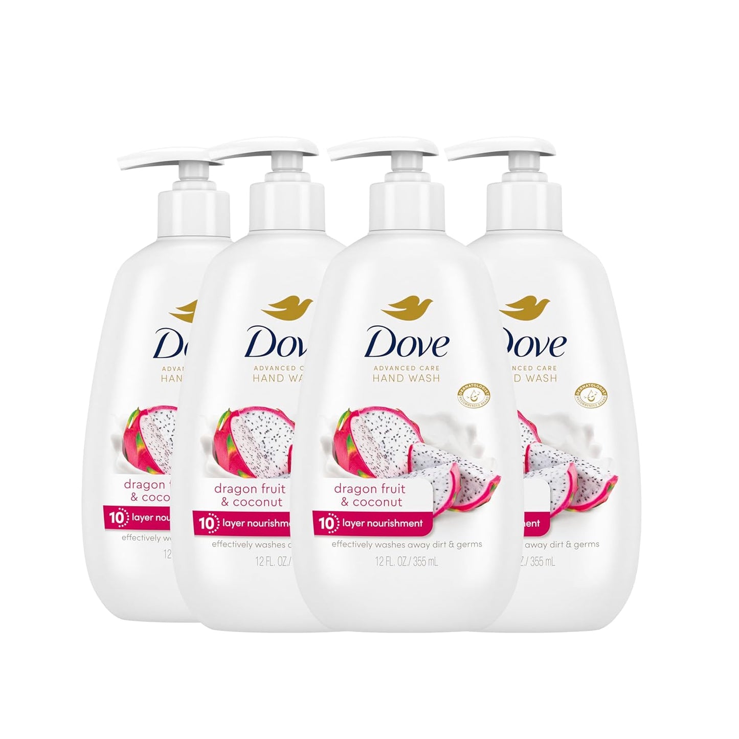Dove Advanced Care Hand Wash 4 Count for Effectively Washing Away Dirt & Germs, Dragonfruit & Coconut with 10-Layer Nourishment