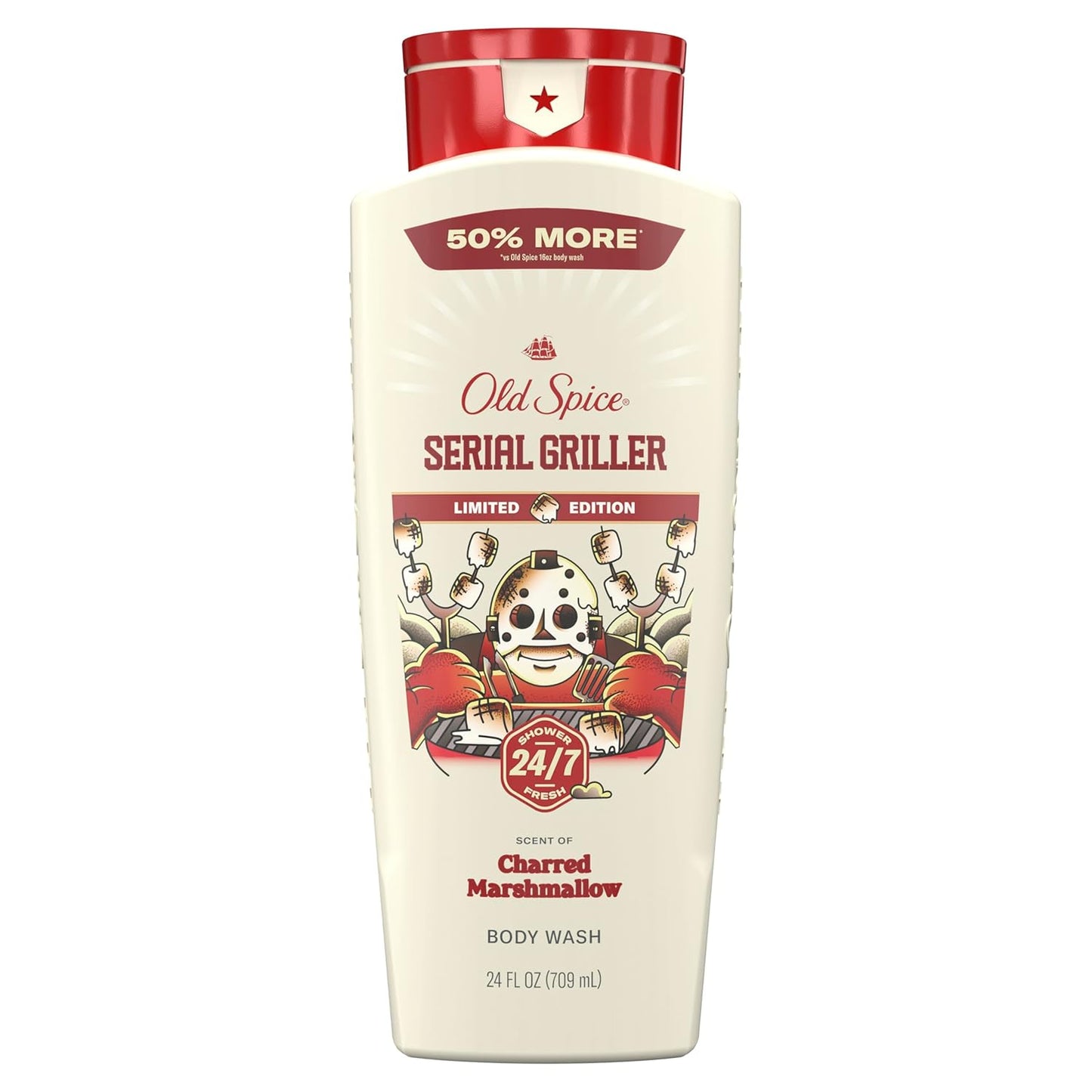 Old Spice Body Wash for Men, Summerdudes, 24/7 Shower Fresh with Daily Use, Long Lasting Scent, Cleanse & Refresh Skin, VIP Festival Experience, Serial Griller with Charred Marshmallow Scent, 24 oz