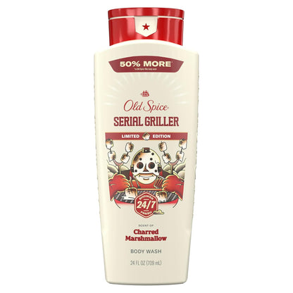 Old Spice Body Wash for Men, Summerdudes, 24/7 Shower Fresh with Daily Use, Long Lasting Scent, Cleanse & Refresh Skin, VIP Festival Experience, Serial Griller with Charred Marshmallow Scent, 24 oz