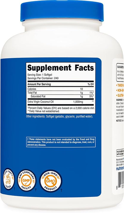 Nutricost Coconut Oil Softgels (1000mg) 240 Softgels, Extra Virgin