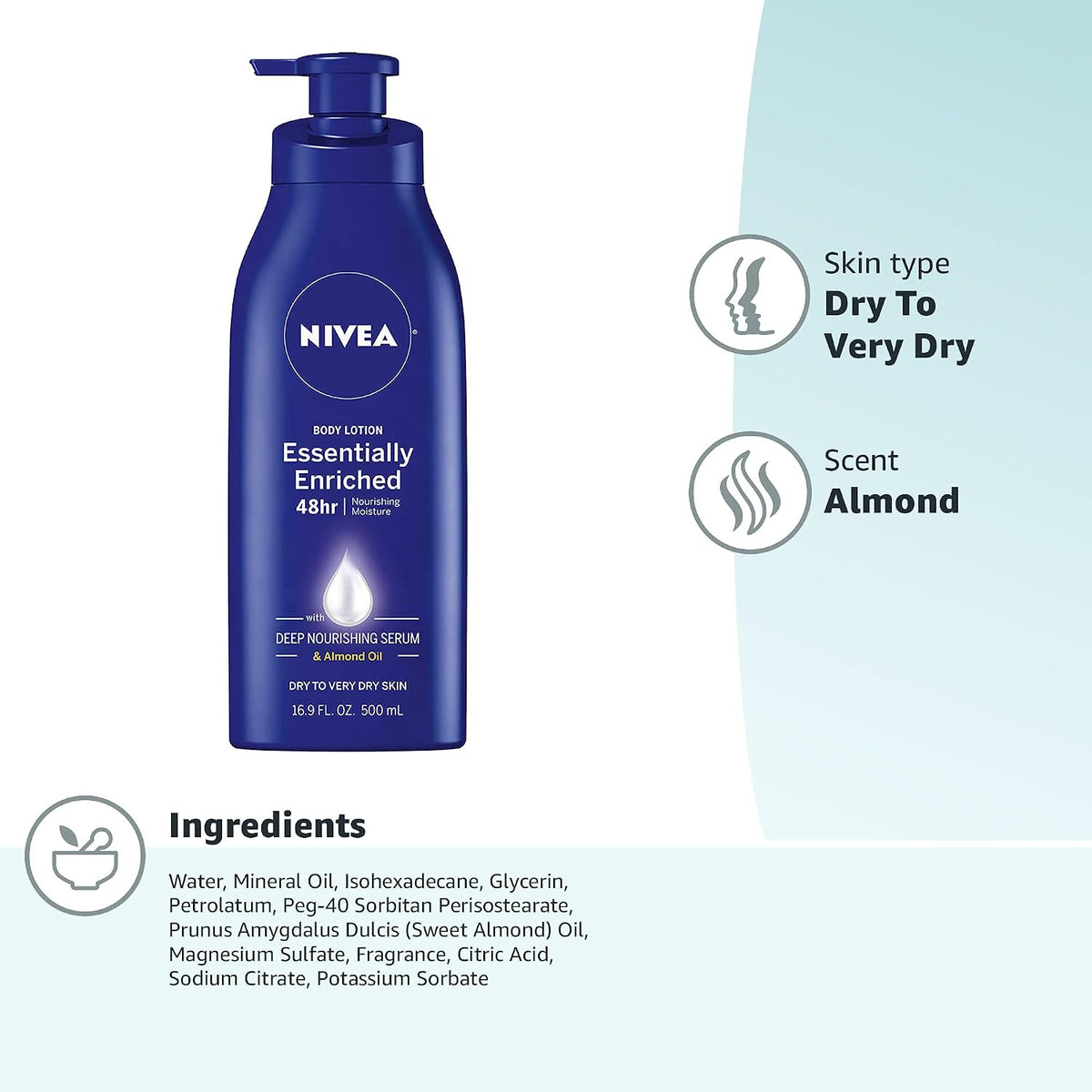 NIVEA Essentially Enriched Body Lotion for Very Dry Skin with Hyaluronic Acid, Almond Oil and Deep Nourishing Serum, 72-Hour Body Moisturizer, 16.9 Fl Oz Pump Bottle (Pack of 2)