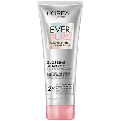 L’Oreal Paris Sulfate Free Glossing Shampoo with Glycolic Acid, Provides Intense Glass Hair Shine, Smoothness & Soft Feel, Suitable for Dull, Dry, and Color-Treated Hair, EverPure, 6.8 Fl Oz