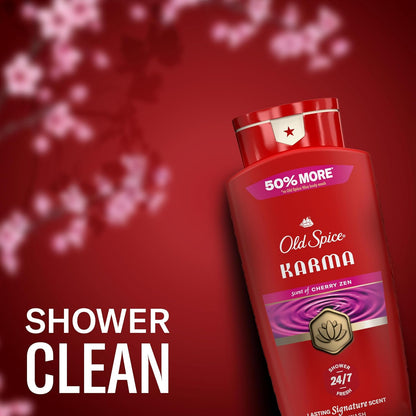 Old Spice Body Wash for Men, 24/7 Shower Fresh & Clean w/Daily Use, Lasting Signature Scent, Refreshing Lather, Moisturizing Formula, Karma with Cherry Spice, Black Pepper, & Sandalwood Scent, 24 oz