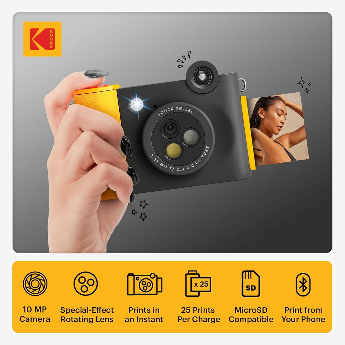 KODAK Smile+ Wireless Digital Instant Print Camera with Effect-Changing Lens, 2x3” Sticky-Backed Photo Prints, and Zink Printing Technology, Compatible with iOS and Android Devices - Black