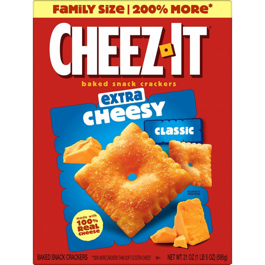 Cheez-It Cheese Crackers, Baked Snack Crackers, Lunch Snacks, Family Size, Extra Cheesy, 21oz Box (1 Box) (Pack of 2)