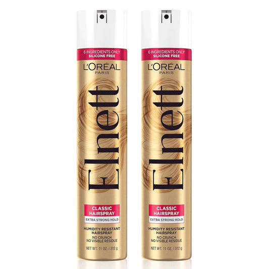 L'Oreal Paris Elnett Classic Hairspray, Suitable for Color Treated Hair, up to 72HR Extra Strong Hold Formula with Humidity Resistant Frizz Control, Hairspray with Soft Brushable Finish, 11 oz, 2 Pack