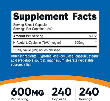 Nutricost N-Acetyl L-Cysteine (NAC) 600mg, 240 Vegetarian Capsules