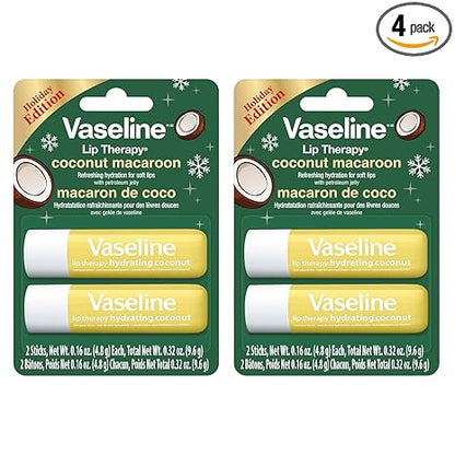 Vaseline Lip Therapy Holiday Edition Coconut Macaroon, Refreshing Hydration with Petroleum Jelly, 2 Pack with 4 Sticks, 0.16 oz Each