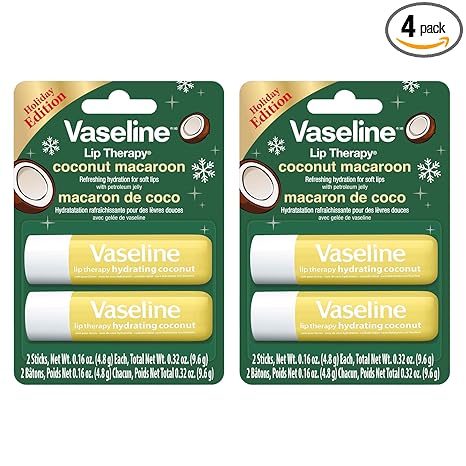 Vaseline Lip Therapy Holiday Edition Coconut Macaroon, Refreshing Hydration with Petroleum Jelly, 2 Pack with 4 Sticks, 0.16 oz Each