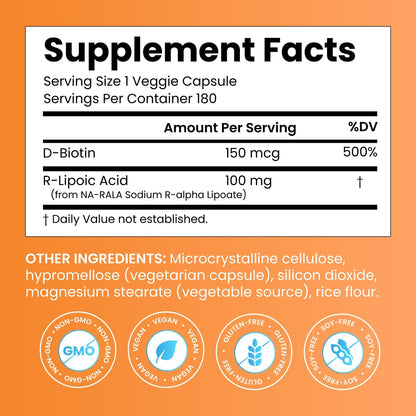 Doctor's BEST Stabilized R-Lipoic Acid Supplement 100 mg, 180 Veg Caps
