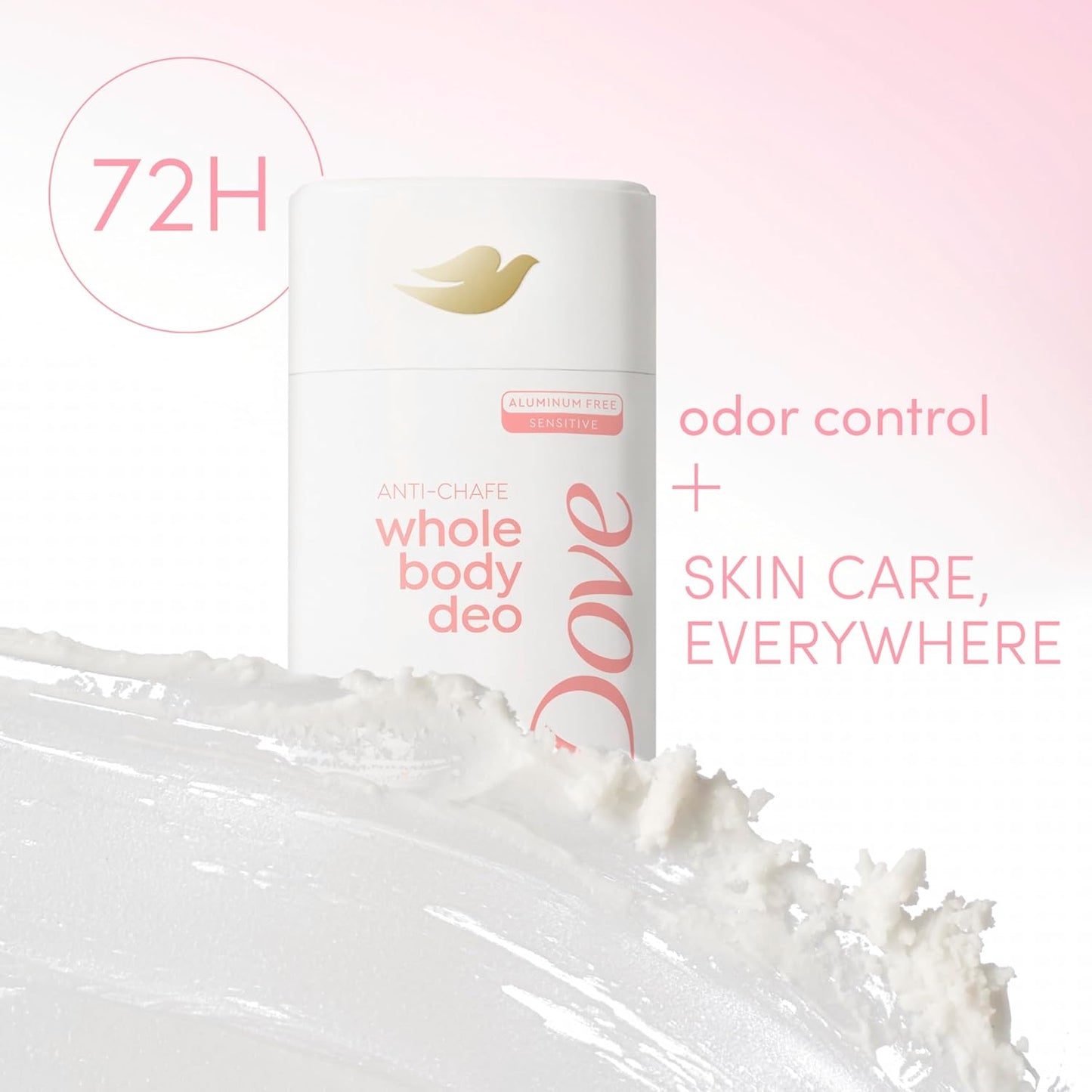 Dove Whole Body Deo Aluminum Free Anti-Chafe Deodorant Stick Raspberry & Rose for 72h Odor Control 2.6 Oz