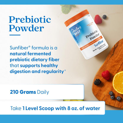 Doctor's Best Prebiotic Powder Supplement with Sunfiber Guar Fiber, 7.4 oz