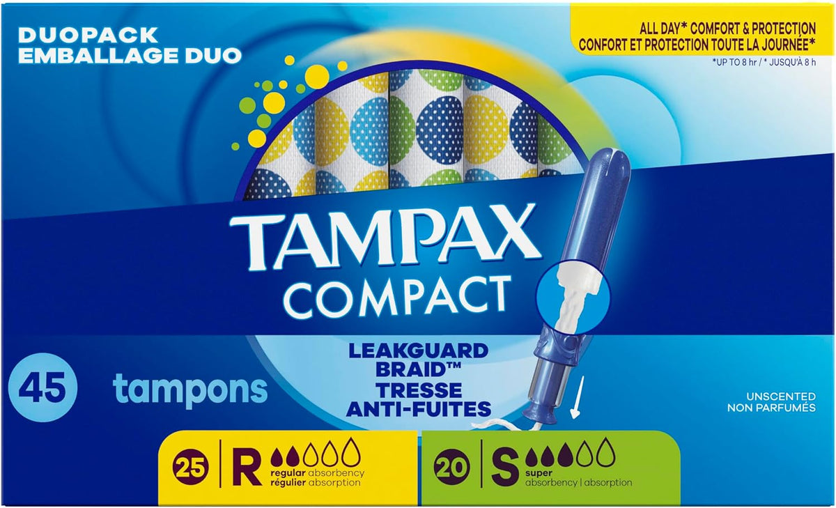 Tampax Compact Pearl Tampons for Women Multipack, with LeakGuard Braid & Extendable Applicator, Regular/Super Absorbency, Compact Extendable Applicator, Unscented, 45 Count
