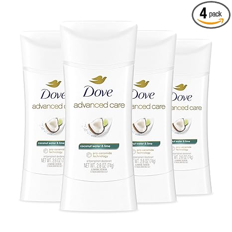 Dove Advanced Care Antiperspirant Deodorant Stick Coconut Water & Lime scent 4 Ct for helping skin barrier repair after shaving 72H odor control & all-day sweat protection for soft underarms 2.6 oz