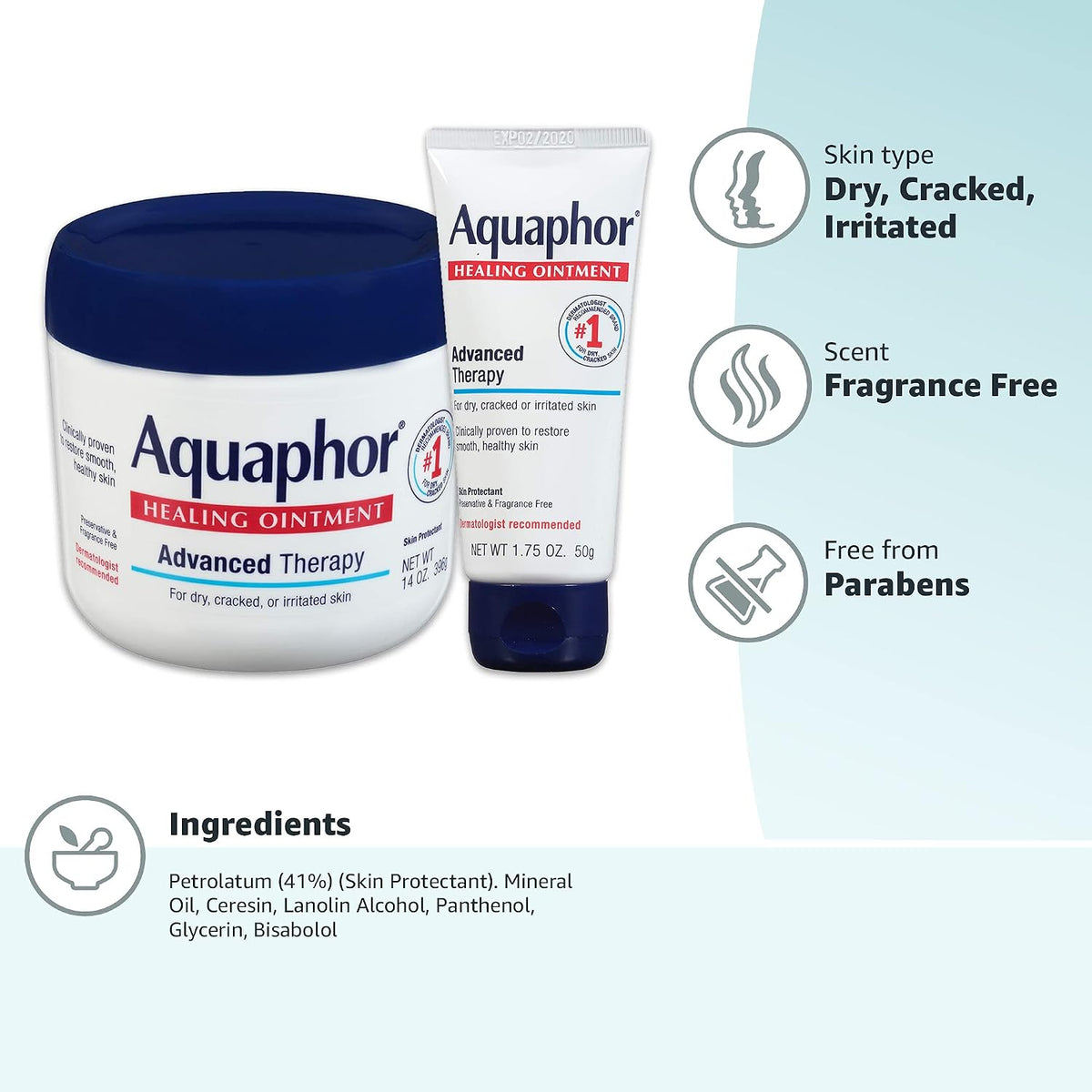 Aquaphor Healing Ointment Advanced Therapy Skin Protectant Skin Care Set, Body Moisturizer for Dry Skin, Minor Cuts and Burns, Dry Cuticles, Cracked Heels, Hands and Lips, 14 Oz Jar + 1.75 Oz Tube