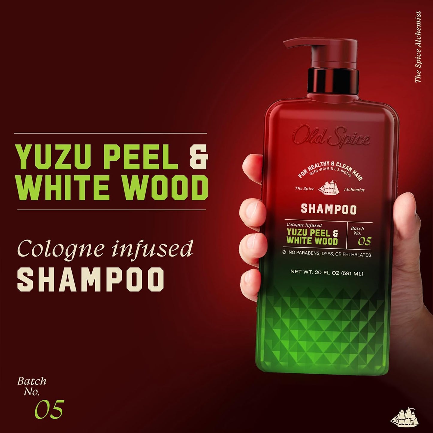 Old Spice Mens Shampoo, The Spice Alchemist Collection, Cologne-Infused Yuzu Peel & White Wood Scent, Free of Parabens & Phthalates, 20 fl oz
