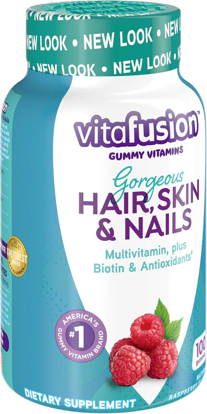 Vitafusion Gorgeous Hair, Skin Nails Multivitamin Gummy Vitamins, Plus Biotin and Antioxidant Vitamins CE, Raspberry Flavor, from America’s,100ct (33 Day Supply) (Pack of 2)