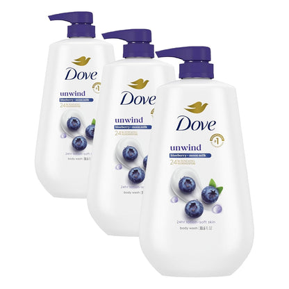 Dove Body Wash Unwind Blueberry & Moon Milk For 24hr Lotion-Soft Skin Moisturizing Skin Cleanser with No Sulfates No Parabens 30.6 oz (Pack of 3)
