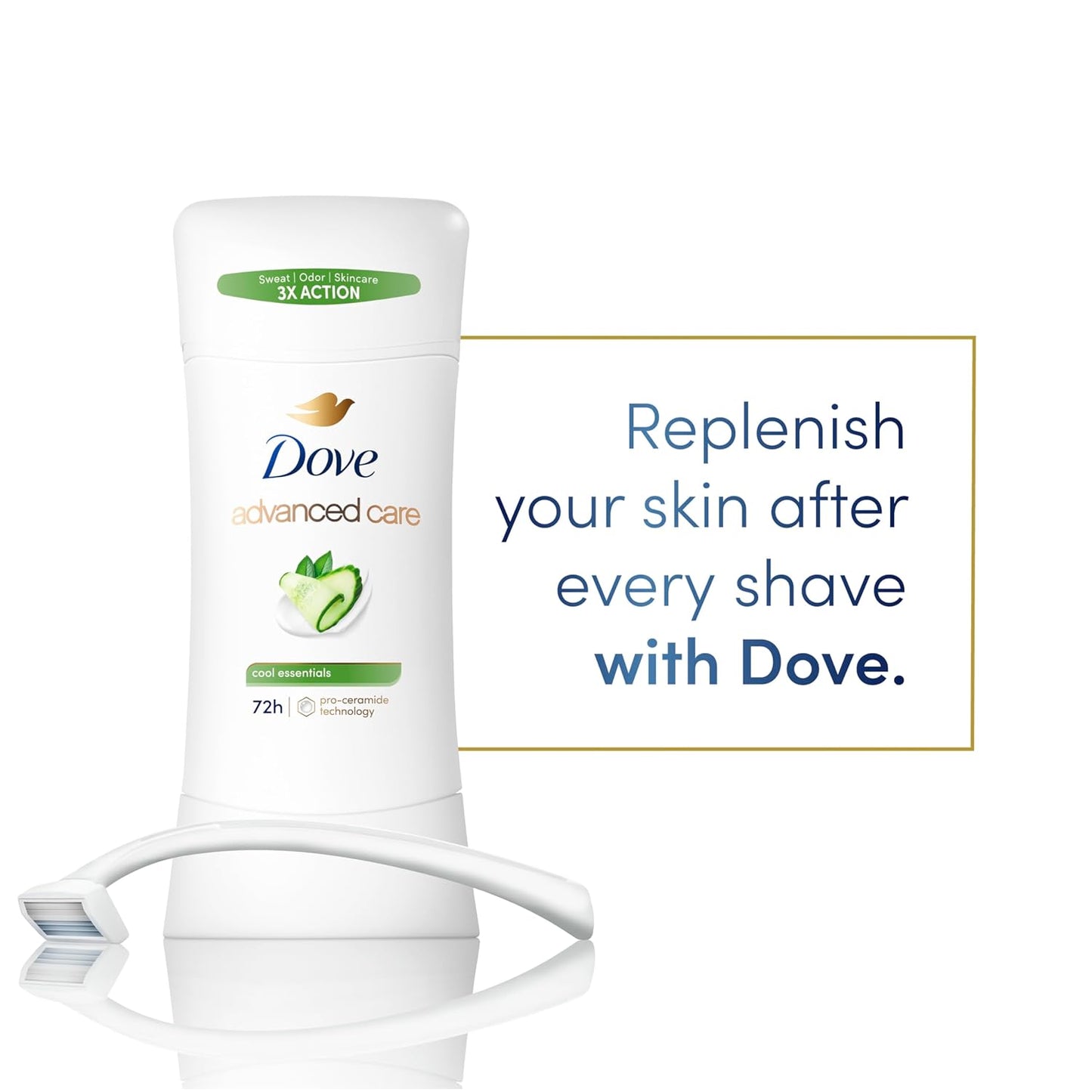 Dove Advanced Care Anti Deo Stick Cool Essentials Pack of 12 for helping your skin barrier repair after shaving 72 h odor control and all-day sweat protection with Pro Ceramide Technology 2.6 oz