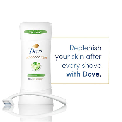 Dove Advanced Care Anti Deo Stick Cool Essentials Pack of 12 for helping your skin barrier repair after shaving 72 h odor control and all-day sweat protection with Pro Ceramide Technology 2.6 oz