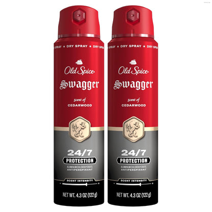 Old Spice Dry Spray Antiperspirant Deodorant for Men, 24/7 Sweat & Odor Protection Spray, Long Lasting Dry Spray, No Residue, Fresh Swagger with Cedarwood Scent, 4.3 oz Cans, (Pack of 2)